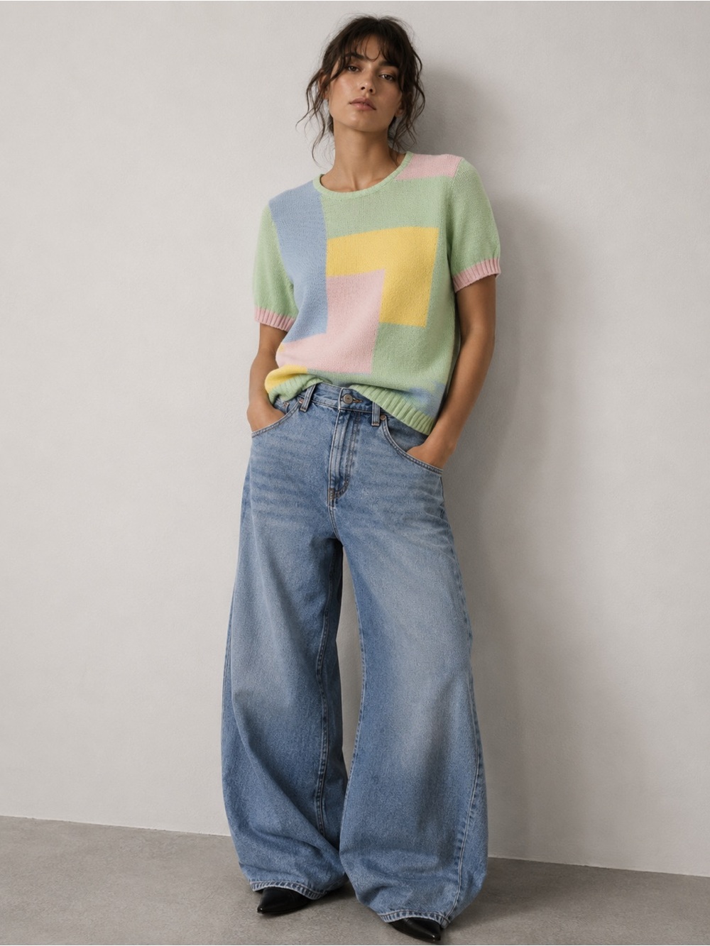 Vintage Short Sleeve Pastel Color Block Sweater Size M